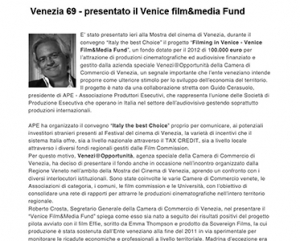 Venezia 69 presentato il Venice Film&Media Fund